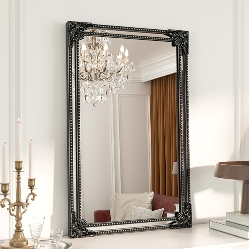 Keonjinn 20x30 Inch Black Antique Vintage Mirror, Brass Baroque Mirror | Tempered Glass, Rectangle, Traditional Mantel Decoration, Wall Decor, Hallway, Fireplace, Entryway, Living Room, Anti-Rust - color: Vintage Black, size: 30"L x 20"W