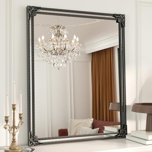 Keonjinn 30x36 Inch Black Antique Vintage Mirror, Brass Baroque Mirror | Tempered Glass, Rectangle, Traditional Mantel Decoration, Wall Decor, Hallway, Fireplace, Entryway, Living Room, Anti-Rust - color: Vintage Black, size: 36"L x 30"W