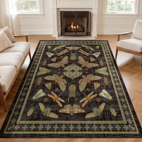 Arenarug Area Rug 5x7 Non Slip Washable Rug Insect Boho Soft Distressed Vintage Lightweight Low Pile Carpet for Living Room, Bedroom, Dining Room, Kitchen, Office, Black - color: Black, size: 5'x7'