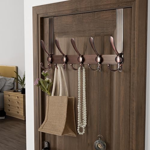 Over Door Hook 2.0 - Upgraded Version - Simple-Assembly, Strong, Heavy-Duty Stainless Steel 5-Tri-Hook Over The Door Hanger Rack, SimpleStrong Series, Antique Copper, Pack of 2 - color: Copper