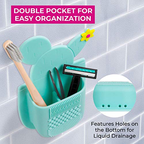 Lindo SiliPocket Silicone Makeup Brush Holder - Toothbrush Holder, Included Brush Cleaning Pad, Extra Strong Self-Adhesive Sticks Easy to Mirrors (Blue) - color: Blue