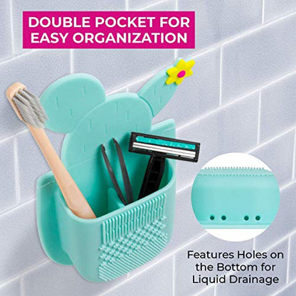 Lindo SiliPocket Silicone Makeup Brush Holder - Toothbrush Holder, Included Brush Cleaning Pad, Extra Strong Self-Adhesive Sticks Easy to Mirrors (Blue) - color: Blue