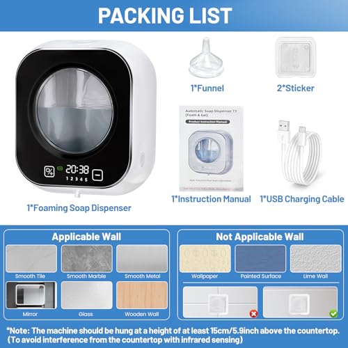 Automatic Soap Dispenser, 320ML Touchless Smart Hand Soap Dispenser, 5 Adjustable Soap Levels, Rechargeable Wall Mounted Electric Foam Soap Dispenser for Bathroom Kitchen Office (White) - color: White