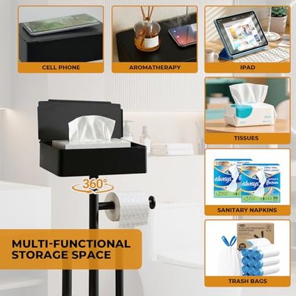 Freestanding Toilet Paper Holder Stand with Shelf, Drawer, 7-Roll Capacity | Black rustproof metal bathroom tissue holder with wipes drawer, top shelf and weighted non-slip base, stores up to 7 rolls - size: Style 2