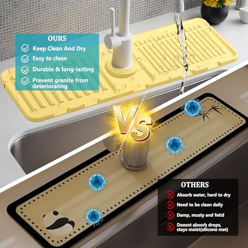 Faucet Mat for Kitchen Sink, Silicone Faucet Handle Drip Catcher Tray Mat, Silicone Kitchen Sink Splash Guard, Ideal Protective Tray for Stone Sinks in Kitchen & Bathroom - color: Yellow