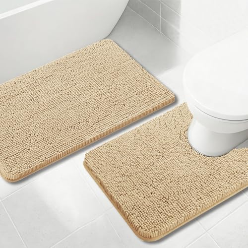 Bathroom Rugs Chenille, Extra Thick and Absorbent, Non-Slip, Machine Washable, Dry Quckily, Soft Cozy Plush, Used Under Shower Bathtub and Sink, Bath mat Sets Camel - color: Beige, size: 20 x 32 inch + 20 x 20 inch (U-Shape)