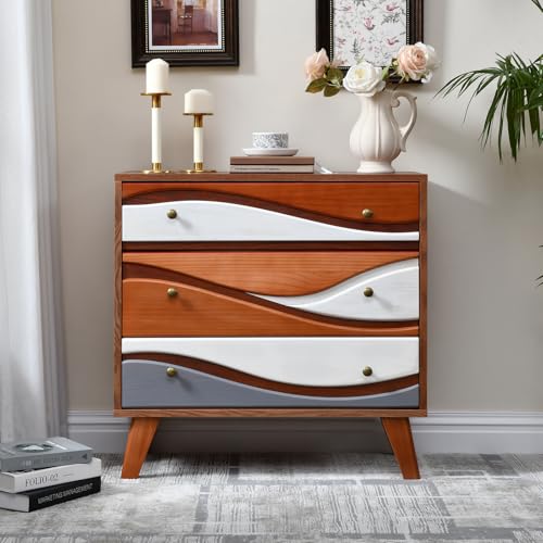 Ahokua 3-Drawer Dresser with Sculpted Wave Fronts, Tri-Color Drawer Design, Modern Chest of Drawers Storage Cabinet for Bedroom, Living Room, Hallway, or Office