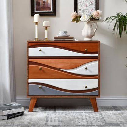 Ahokua 3-Drawer Dresser with Sculpted Wave Fronts, Tri-Color Drawer Design, Modern Chest of Drawers Storage Cabinet for Bedroom, Living Room, Hallway, or Office