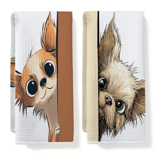 2 Pcs Funny Dog Kitchen Towels, Cute Chihuahuas Gifts Hand Towel 14x24 Inch | Tea Towels for Kitchen Bathroom Home Decor, Chihuahuas Waffle Absorbent Dish Towel, Dog Lover Gifts for Women Mom Friend - color: Multi 0183
