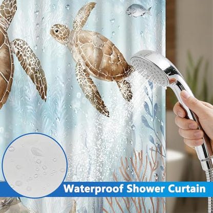 No Hook Shower Curtain with Snap in Liner Set, Sea Turtles Shower Curtain with Removable Button Liner and Mesh Top Window, Double-layer Waterproof Fabric Shower Curtains for Bathroom with Weighted Hem - color: Two Turtles
