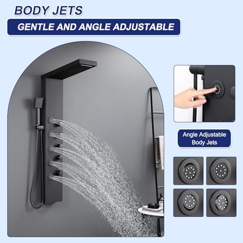 ROVATE 4-in-1 Rainfall Waterfall Shower Panel Tower System, Matte Black | Shower Column with Body Massage Jets and Handheld, Stainless Steel High Pressure, Use Multiple Functions Simultaneously - color: Matte Black