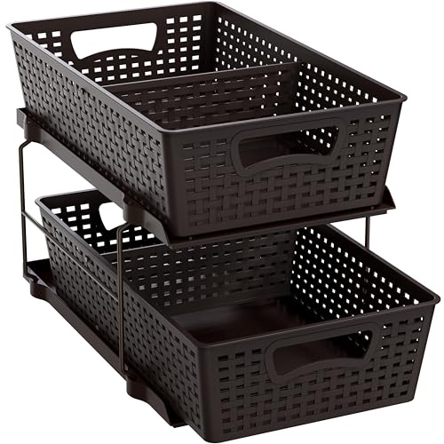 Simple Houseware 2 Tier Pull-Out Sliding Drawer Under Sink Storage, Brown | Great for Kitchen Bathroom Tray Shelf Organizer - color: Brown