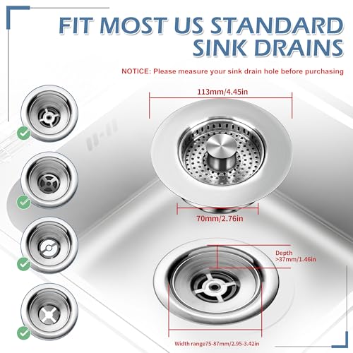3 in 1 Kitchen Sink Stopper,304 Stainless Steel Kitchen Sink Drain Strainer Fits for Most Kitchen Drain, Easy to Install, Use, and Clean; Works Effectively