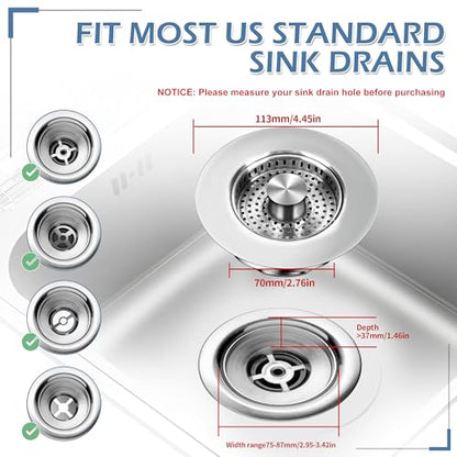 3 in 1 Kitchen Sink Stopper,304 Stainless Steel Kitchen Sink Drain Strainer Fits for Most Kitchen Drain, Easy to Install, Use, and Clean; Works Effectively