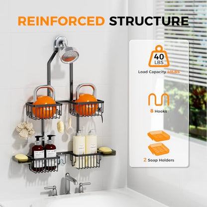 Adjustable Aluminum Shower Caddy Hanging for Handheld Showerhead, Black | Rustproof Aluminum, Shower Organizer, Anti-Slip, Quick-Drain Shelf, 40lbs Capacity, Suction Cups, 8 Hooks, Razor Soap Holders - color: Black