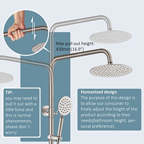 Aolemi Outdoor Shower Kit SUS304 with Round Handheld Brushed Nickel | 2 Function,8 Inch Head,Round Handheld Spray,Adjustable Height,Outside Exposed Shower Fixture,Single Handle,Wall Mount - color: Nickel