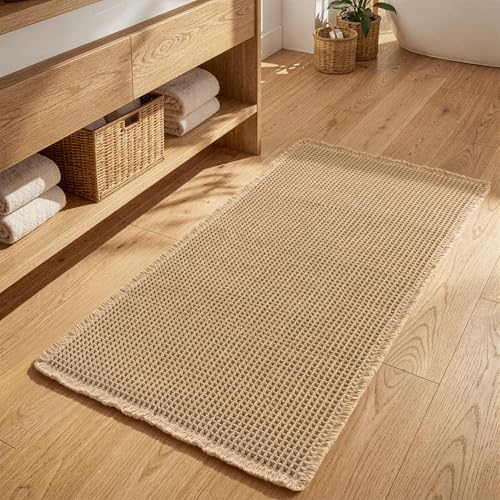MIULEE Waffle Bathroom Runner Rugs Boho Long Bath Mat 2'x4'(24"x48") Brown | Super Absorbent, Non Slip, Upgraded Soft, Quick Dry, Washable Bath Rug with Tassels for Hallway Laundry Room Bedroom - color: Brown, size: 24''x48''