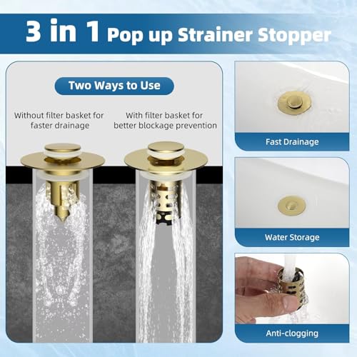 2-Pack Universal Bathroom Sink Drain Stopper, 4-in-1, Brushed Gold | Hair Catcher Pop-Up Sink Strainer Stopper with 2-Layer Removable Stainless Steel Basket, Drain Plug for 1.1"-2.36" US Basin - color: Brushed Gold Finished