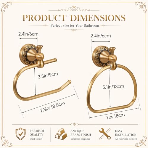 2 Pcs Antique Brass Toilet Paper Holder Towel Ring Set, Vintage Bathroom Hardware, Wall Mounted Toilet Tissue Holder Hand Towel Ring, Rustproof Brass Bathroom Accessories(Style 1) - style: Style 1