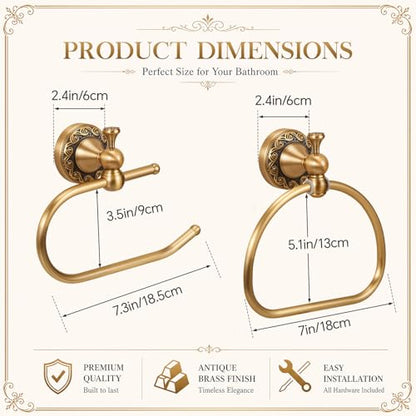 2 Pcs Antique Brass Toilet Paper Holder Towel Ring Set, Vintage Bathroom Hardware, Wall Mounted Toilet Tissue Holder Hand Towel Ring, Rustproof Brass Bathroom Accessories(Style 1) - style: Style 1