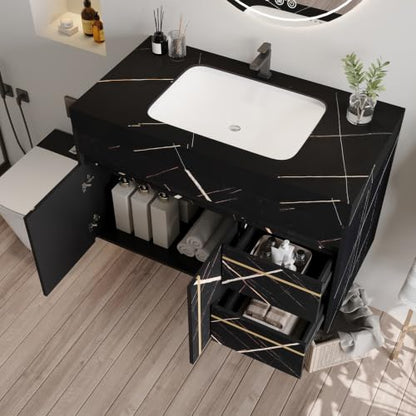 35.2 Inch Floating Bathroom Vanity with Ceramic Sink Combo, Modern Wall Mounted Bathroom Cabinet with 2 Soft-Close Doors & 2 Drawers, Faux Marble Top, Black - color: Black