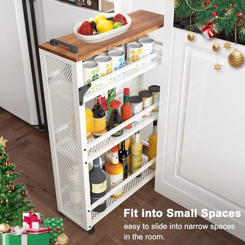 3-Tier Rolling Cart Slim - White Laundry Bathroom Kitchen | Steel Frame, Mesh Baskets, for Small Spaces, 110 lb Capacity, 4 Wheels 2 Lockable, Utility Storage Snack Coffee Craft - color: White