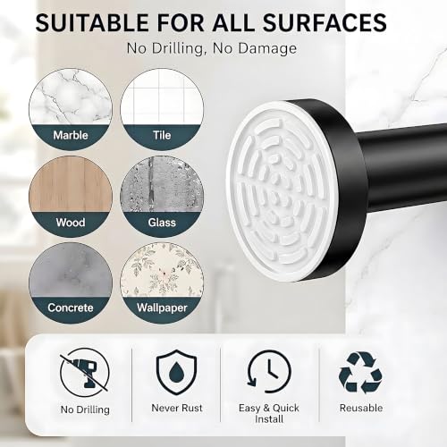 304 Stainless Steel Shower Curtain Rod, Adjustable Telescopic Tension Rod, Rustproof Bathroom Rod, No Drilling Expandable Curtain Rod 26''–46'' – Black + 80“ x 80” Shower Curtain - color: Black, size: 26"–46"