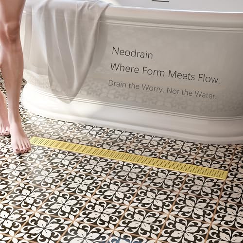 Neodrain 36" Linear Shower Drain, Gold 304 SS Bathroom Linear Drain,cUPC | Gold Shower Drain with Quadrato Grate& Adjustable Feet, Long Rectangle Shower Floor Drain in Bathroom, Balcony etc - color: Golden, size: 36 In