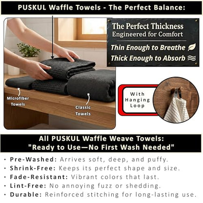 PÜSKÜL 2-Piece Natural 100% Turkish Cotton Waffle Bath Towels Extra-Large | Black, 32x63" Bath Sheet Towel, Light Soft Absorbent Quick-Dry Lint-Free Premium Honeycomb Weave Oeko-Tex Made in Turkiye - color: Black, size: Bath Towels - Pack of 2