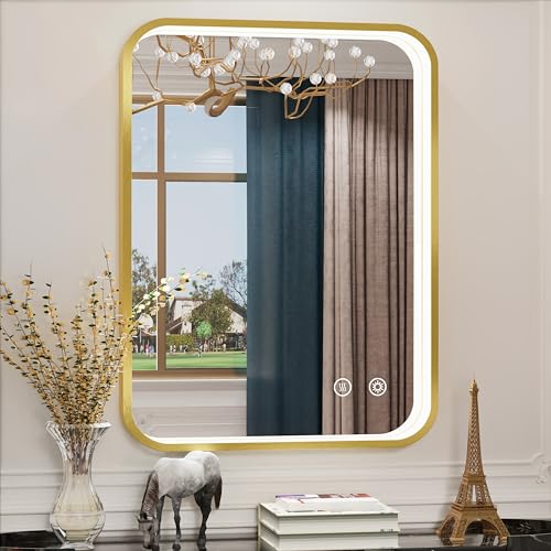 24x32 Inch Gold LED Bathroom Mirror with Lights,3000K/4500K/6000K | Stepless Dimmable, Memory Funtion,Anti-Fog, Aluminum Frame Wall Mount Lighted Bathroom Vanity Mirror, ETL Listed, Waterproof - color: Gold, size: 24"L x 32"W