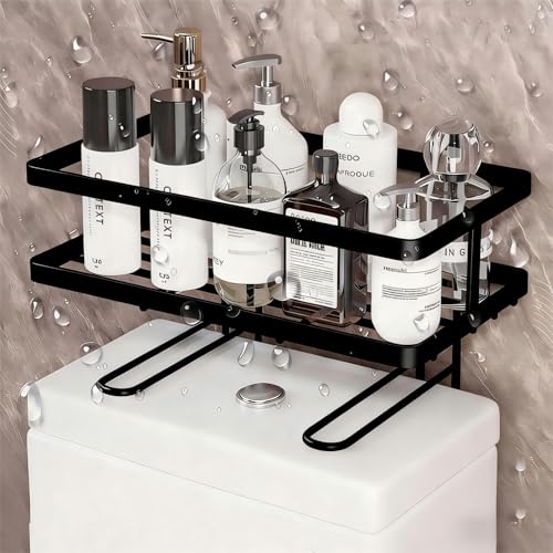 Over The Toilet Storage Rack - Bathroom Organizer Shelf, 2-Tier Floating Shelves with Hooks, No-Drill, Toilet Paper Holder for Restroom Bathroom Vanity Kitchen (Black, 1 Tier) - color: Black, size: 1 Tier