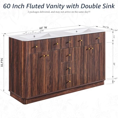 T4TREAM 60" Fluted Bathroom Vanity with Double Sink, Dark Walnut | Integrated Resin Sink, 2 Large Storage Cabinets, Adjustable Shelf, 3 Drawers, Three pre-drilled faucet holes, Mid-Century - color: Dark Walnut, size: 60" (Bouble Sink)