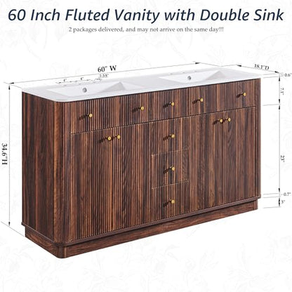 T4TREAM 60" Fluted Bathroom Vanity with Double Sink, Dark Walnut | Integrated Resin Sink, 2 Large Storage Cabinets, Adjustable Shelf, 3 Drawers, Three pre-drilled faucet holes, Mid-Century - color: Dark Walnut, size: 60" (Bouble Sink)