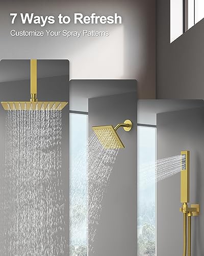 Shower Faucet Set with Handheld Spray, Brushed Gold | 12" Ceiling Mount SUS304 Rainfall Shower Head System, 6" Side Head, 3-Function Thermostatic Valve Trim Kit, All Metal - color: Brushed Gold