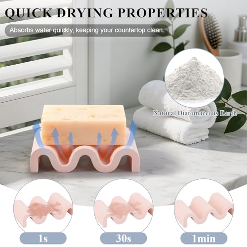 Diatomite Soap Dish Bar Soap Holder Wave Texture Sponge Tray, Pink | Quick Drying, Self Draining Design Helps Keep Bar Soap Dry for Bathroom Sink, Shower & Kitchen - color: Pink