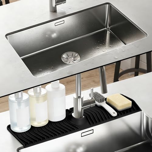 Extra Long Silicone Faucet Mat, 76cm Double-Sided Drain Pad for Kitchen Sink & Bathroom, Flexible Splash Guard with Center Hole, Non-Slip, Easy to Clean, Fits Most Faucets (Black) - color: Black