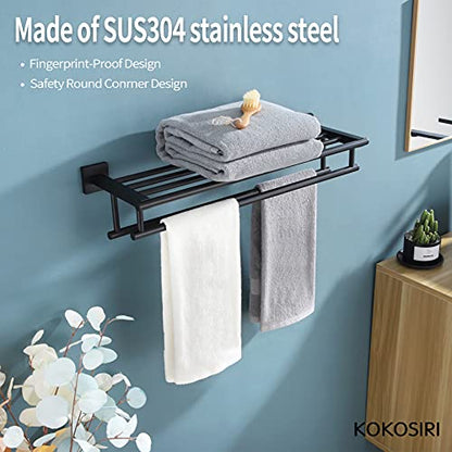 KOKOSIRI Bath Towel Rack with Double Towel Bars Bathroom Towel Shelf 24 Inch Towel Holder Wall Mounted Stainless Steel, Matte Black, B6005BK-L24 - color: Matte Black, size: 24 Inch