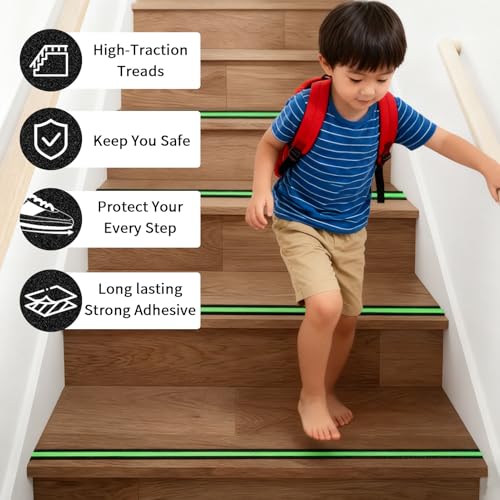Glow in Dark Anti Slip Tape, 1" x 35FT Heavy Duty Waterproof Safety Grip Tape for Stairs, Pool, Bathroom - Black & Glow Stripe Indoor/Outdoor Multi-Purpose Traction Tape - size: 1IN x 35FT