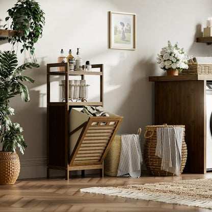 HITNET Bamboo Tilt Out Laundry Hamper, Bathroom Storage Cabinet with Hidden Removable Basket and 2 Open Shelves, Space Saving Bamboo Storage for Clothes, Towels and Toys, Walnut - color: Walnut