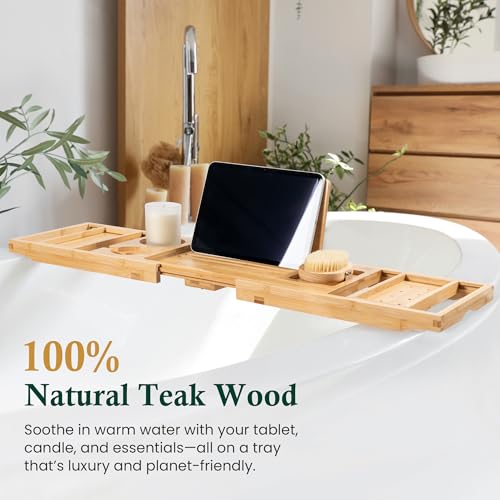 Bamboo Bathtub Tray, Natural Bath Caddy | Wine Glass Holder, Phone Book Rack, Hands Free Bath Reading, Premium Spa Bath Organizer - color: Modern Bamboo Finish