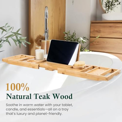 Bamboo Bathtub Tray, Natural Bath Caddy | Wine Glass Holder, Phone Book Rack, Hands Free Bath Reading, Premium Spa Bath Organizer - color: Modern Bamboo Finish