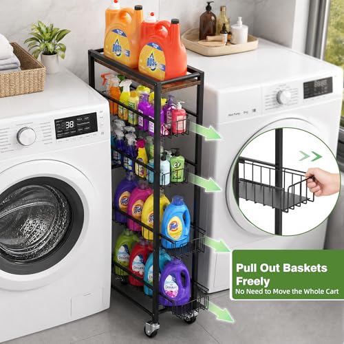 5-Tier Slim Rolling Cart Kitchen Utility Cart, Narrow Kitchen Cabinet with 4 Pull-Out Baskets - Versatile Rolling Storage Cart for Spices, Pantry & Bathroom Organization