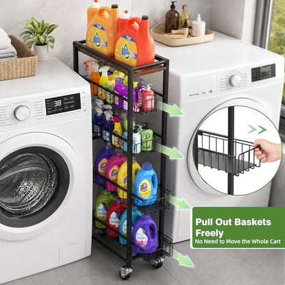 5-Tier Slim Rolling Cart Kitchen Utility Cart, Narrow Kitchen Cabinet with 4 Pull-Out Baskets - Versatile Rolling Storage Cart for Spices, Pantry & Bathroom Organization