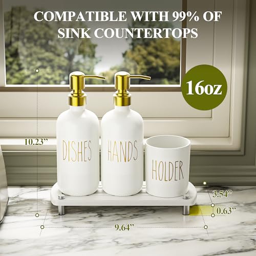 Cisily Kitchen Soap Dispenser Set Comes with Ceramics Sponge Holder, Gold Pumps, and Instant Dry Tray, Hand and Dish Soap Dispenser Set (4, Gold + White + Brush Holder) - color: Gold + White + Brush Holder
