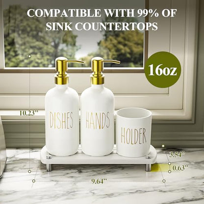 Cisily Kitchen Soap Dispenser Set Comes with Ceramics Sponge Holder, Gold Pumps, and Instant Dry Tray, Hand and Dish Soap Dispenser Set (4, Gold + White + Brush Holder) - color: Gold + White + Brush Holder