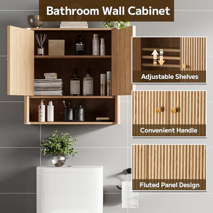 Bathroom Wall Cabinet, Medicine Cabinet with Adjustable Wood Shelf & Doors, Over The Toilet Storage Organizer Wall Mounted Storage Cabinet for Laundry Room, Kitchen, Living Room, Cupboard, Oak