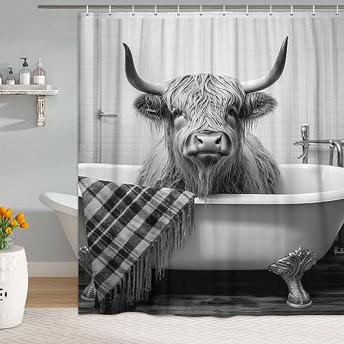 Funny Highland Cattle Cow Bull Shower Curtain, Black and White Cattle Bathing in The Bathtub Shower Curtains Set, Humor Western West Farmhouse Shower Curtains with Hooks 72x72inch - color: Grey, size: 72"W x 72"L (Pack of 1)