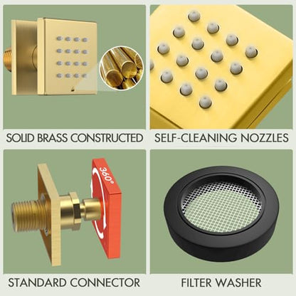 Shower Body Spray Jets with On Off Switch Adjustable Flow Body Sprays Jets Massage Spa Jet Brushed Gold, Flow control - color: Square-Brushed Gold