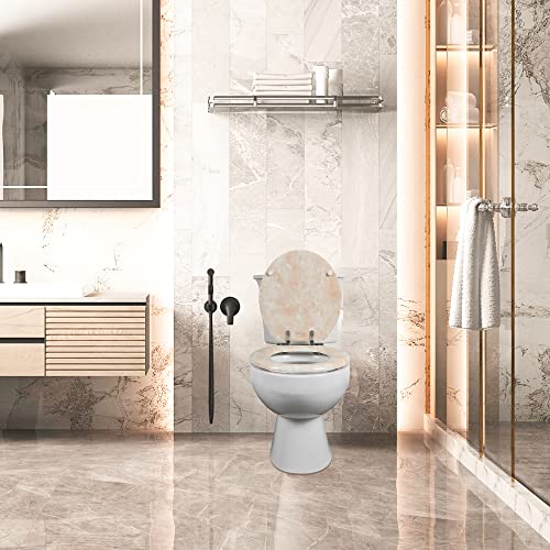 Angel Shield Marble Toilet Seat Durable Molded Wood with Quiet Close, Easy Clean, Quick-Release Hinges (Round, Beige Marble) - color: Beige-Round, size: Round-16.5“