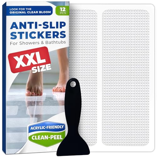 XXL Anti Slip Shower Stickers 12 PCS, Non-Slip Bath Tub Strips, Clear | Improves Grip and Traction on Wet Floors | Safety Option for Seniors & Adults | Peel-and-Stick Install, Scraper Tool Included - color: Clear